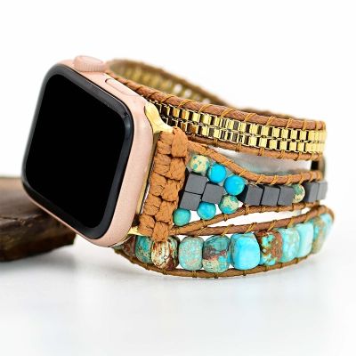 Natural Stone Strap for Apple Watch Band 7 6 5 4 SE 38mm 40mm 41mm 42mm 44mm 45mm Beads Boho 3X Wrap Rope Wrist Band Bracelet