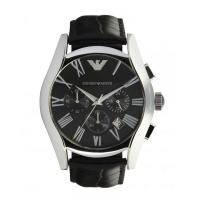 นาฬิกาข้อมือผู้ชาย EMPORIO ARMANI Classic Black Chronograph Black Dial Black Leather Mens Watch AR1633