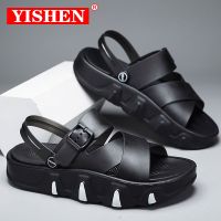 YISHEN ผู้ชายรองเท้าแตะรองเท้าลำลองเทรนด์ใหม่รองเท้าส้นตึกปลายเปิดรองเท้าสานมีสไตล์รองเท้าแตะชายหาดกลางแจ้งรองเท้าชังก์กี้สีดำ