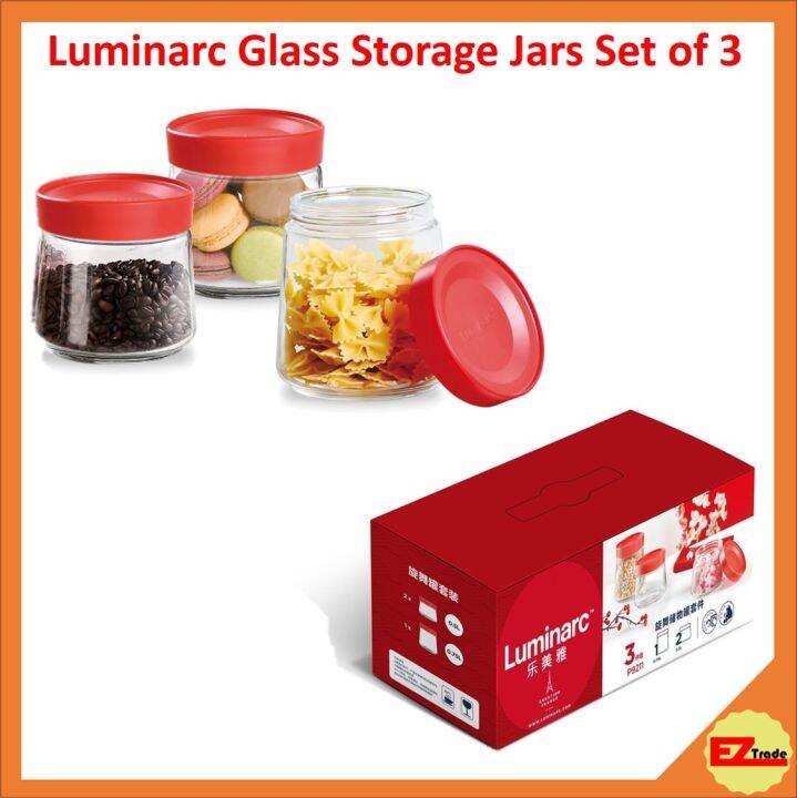 Luminarc P9211 Storage Set. 3 Glass Jars + 3 Lid Covers. 2 x 500 ml