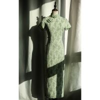 【CW】 2022 Summer Long Cheongsam Dress Floral Slim Vintage Qipao Handmade Button Beads Dresses 2XL Green