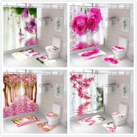 Landscape Peach Blossom Flower Shower Curtain Set Non Slip Rugs Bath Mat Toilet Lid Cover And 12 Hooks Polyester Bathroom Decor