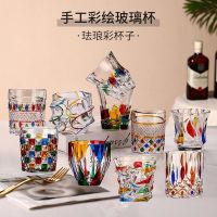 The sense of hand-painted design will refract the rainbow luster painted glass cup luxury niche handmade whiskey cup glass