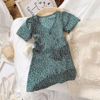 COD Ready Stock Baby Girlss Dress Sweet Floral Skirt Knee-Length Dresses Green Ruched Dot Children Clothing