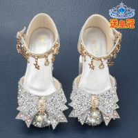 รองเท้าเจ้าหญิงสีเงินเด็กผู้หญิงหัวปิดโบว์สาวน้อยรองเท้าคริสตัล rhinestone เด็กรองเท้าส้นสูง