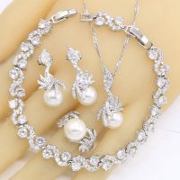 White Pearl 925 Silver Wedding Jewelry Sets For Women Earrings Necklace Pendant Ring Zircon Bracelet Birthday Gift