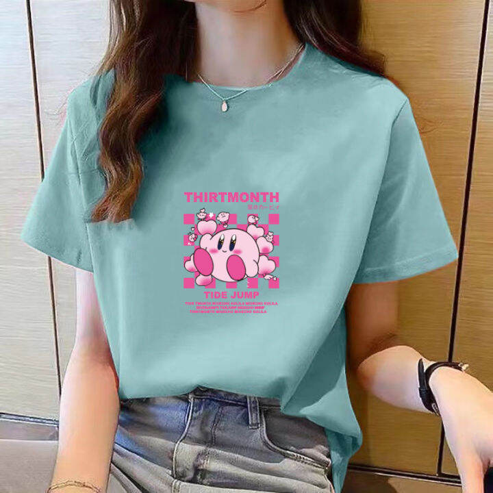เสื้อยืดสำหรับผู้หญิงคอกลมแขนสั้นพิมพ์ลายการ์ตูนสีดำลำลองใหม่ฤดูร้อนเสื้อแฟชั่นสำหรับผู้หญิงหลวมง่ายสไตล์เกาหลี