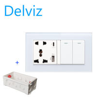 Delviz 2Gang 2 Way  lamp Switch Socket, Type-C interface socket, 146mm*86mm toughened glass frame socket, (US/US/EU) Wall Power USB C port Quick Charge socket, 18W 3100mA Smart Quick Charge