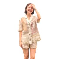 P010-252 PIMNADACLOSET - Short Sleeve Collar Button Down Front Pocket  Multi Fabric Shirt And High Waist Short Set