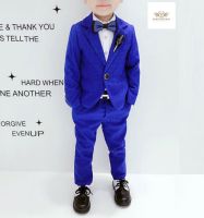 Shiny Blue Boy Suit เซท 2 ชิ้น สีนำ้เงิน สดลายตาราง เสื้อนอกมีซับใน+กางเกงเอวยางยืด ขนาด 7, 9, 11, 13, 15, 17, 150, 160 (3 ปี ถึง 14 ปี)