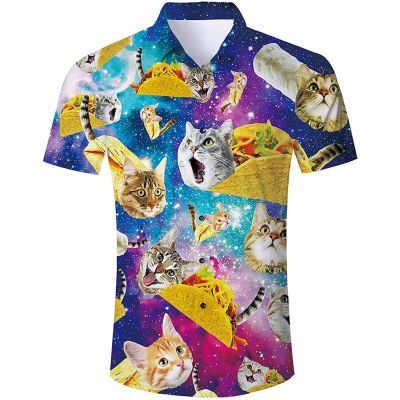 เสื้อเสื้อแขนสั้น Harajuku กาแล็กซี่ตลกเสื้อฮาวายพิมพ์ลาย3D แมวพิซซ่าทาโก้สำหรับผู้ชายเสื้อเชิ้ตลำลองฮาราจูกุสำหรับฤดูร้อน