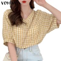 VONDA Women Korean Short Sleeve V Neck Casual Baggy Vintage Plaid Blouse