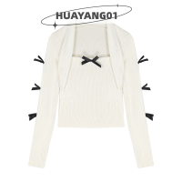 HUAYANG01สเวตเตอร์ผูกโบว์หวานสำหรับผู้หญิง,เสื้อสเวตเตอร์คอเหลี่ยมแขนปิดไหล่ยาวเสื้อกันหนาวถักเพรียวบางสำหรับฤดูใบไม้ร่วง