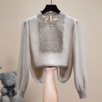 [COD] 2022 new spring top womens satin lace puff sleeve temperament fashion slim chiffon for age reduction