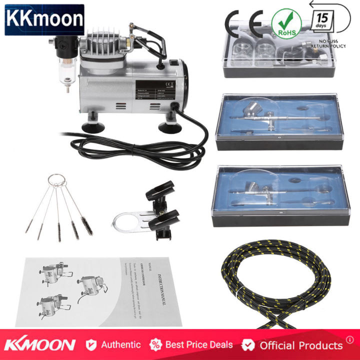 kkmoonใหม่เอี่ยมprofessional-3ชุดพู่กันลมกับคอมเพรสเซอร์dual-action-hobbyสเปรย์เพ้นท์เล็บศิลปะsupplyแปรงทำความสะอาดeu-plug