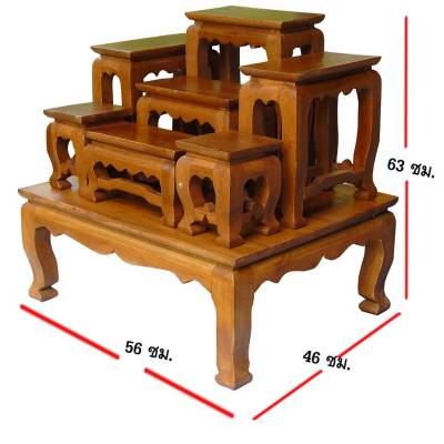 โต๊ะหมู่บูชา หมู่ 7 ขนาดความกว้างแต่ละโต๊ะ 5 นิ้ว (โต๊ะหมู่บูชา 7 หน้า 5) ผลิตจาก ไม้สัก 100% โต๊ะวางพระ
