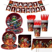 【JIU YU】○✿❡  Decoração de aniversário ninja para crianças festa de jogos de desenhos animados talheres descartáveis fundo personalizável novo