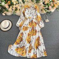 Fashion Designer Female Summer V Neck Print Vintage Dress Ladies Lantern Sleeve Elegant Party Long Dresses