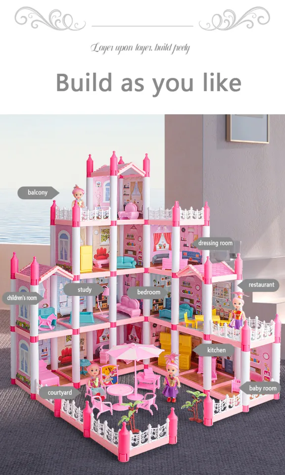 Free 2PCS dolls + Fairy Lights] SALE Big Dollhouse Multiple Floors Girls  Kids Dream Barbie Doll House with Simulation Furnitures Set Castle toy  Barbie house doll house princessDIY Dollhouse Miniature Furniture Kit