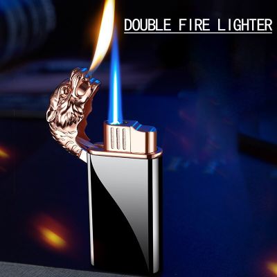 ZZOOI Tiger Head Embossed Double Fire Inflatable Lighter Personality Windproof  Electronic Ignition Mens Metal Lighter