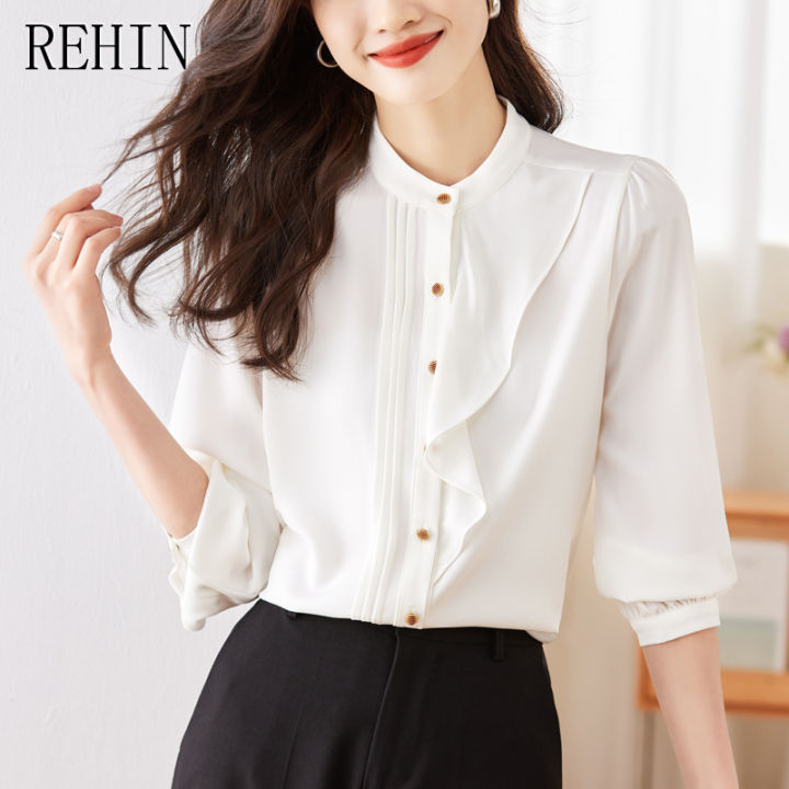 rehin-เสื้อชีฟองแขนยาวสีขาวเฉพาะกลุ่มดีไซน์ดั้งเดิมชุดทำงานเสื้อสตรีหรูหรา