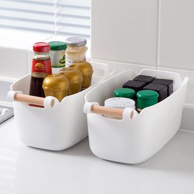 Creative wooden handle storage basket kitchen cabinet storage basket portable rectangular debris sorting plastic basket