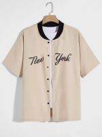 {High-end clothing} กระดุมหน้าพิมพ์ลายตัวอักษรกราฟิกแนวสตรีทแบบอเมริกันเสื้อเชิ้ตแขนสั้นลูกเบสบอลโพลีเอสเตอร์
