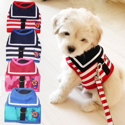 （PAPI PET）เสื้อผ้าสุนัขสำหรับสัตว์เลี้ยง Soft Breathable Navy Style Leash Set For Small Medium Dogs Chihuahua Puppy Collar Cat Pet Dog Chest Strap Leash