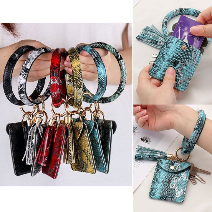 DODOING Wristlet Round Key Ring Chain Leather Oversized Bracelet Bangle  Keychain Holder Tassel for Women Girl 