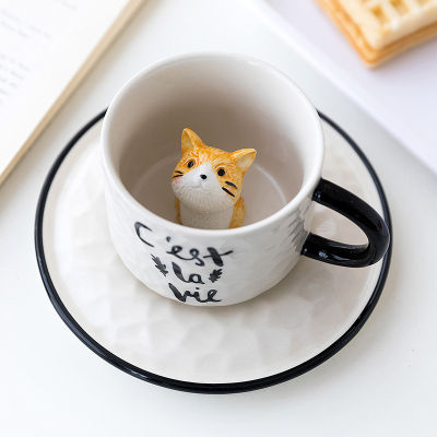 Creative Ceramics Mug with Spoon Tray Cute Cat Relief Coffee Milk Tea Handle Porcelain Cup Couple Water Cup Novelty Gifts