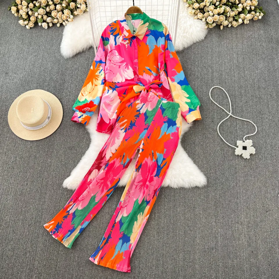 Wide Leg Pants Two Piece Set  Floral Long Sleeve Pants Set