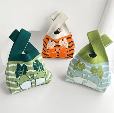 Reusable Wide Knit Casual Tote Plaid Color Shopping Bags Mini Shopping Bags Tote Bag Knit Handbag Handmade Handbag