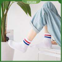CHUAN ร้านขายชุดชั้นใน ผู้หญิงผู้ชาย สด ถุงเท้าสองแท่ง ถุงเท้ายาวปานกลาง ถุงเท้ากีฬาลายทาง เกาหลี