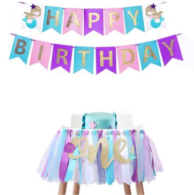 Mermaid Theme High Chair Banner + Happy Birthday Banner Sunshine Baby Shower 1st Birthday Party Decoration Supplies Banners Streamers Confetti