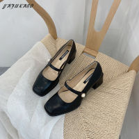 Thick Heel Mary Jane Single Shoes Women Classical  French Style Temperament Square Toe Ladies Small Leather Shoes High Heels