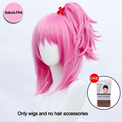 DIANQI Synthetic Hair Short Straight Sakura Pink Cosplay Anime Wig With Ponytail For Women Daily Party Timezone