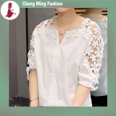 Cheng Ming เสื้อขนาดพิเศษผู้หญิงคอวีเสื้อลูกไม้ลายฉลุหรูหรา,เสื้อ Lengan Pendek Musim Panas เสื้อทรงหลวมลำลอง