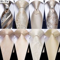 Hi-Tie Ivory Champagne Floral Solid Design Silk Wedding Tie For Men Quality Hanky Cufflink Fashion Nicktie Business Dropshipping