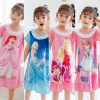 Princess Frozen Elsa Girls Kids Pajamas Mini Dress Short Sleeve Lace Pyjamas Casual Sleepwear