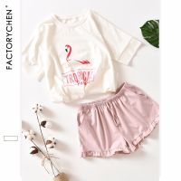 Flamingos Short Sleeved + Shorts Home Suit Spot 100 Cotton Pajama Sets Summer Nightly Recommended Womens pijama home clothing