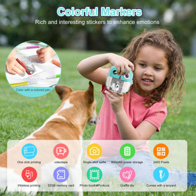 Kids Camera for Girls Boys, Kids Instant Print Camera Toy for 3-14 Year Old, 1080P HD Kids Digital Camera with Photo Paper Birthday Gifts for 3 4 5 6 7 8 9+ Year Old Girl 6 Colour Pens 32GB SD Card