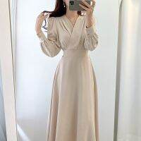 【HOT】●■☊ V-neck Puff Sleeve A-line Dresses for Woman Color Robe Korean Office 2022