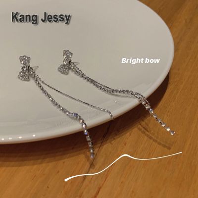 Kang Jessy s925 ต่างหูพู่โบว์เข็มเงินผู้หญิง ins ต่างหูเพชรคุณภาพสูงสไตล์ต่างหูบุคลิกภาพเรียบง่าย