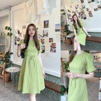 SLYQ MADE ? STRIPED CRUNCHY  TIE WAIST DRESS ชุดเดรสเบสิค แขนตุ๊กตาจั๊ม งานตัดของที่ร้าน เดรสทำงาน