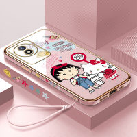 Mop Mall สำหรับ Vivo Y02T Y02A ฟรีสายคล้องการ์ตูน Chibi Marukochan Kity Kity เคสขอบสี่เหลี่ยมลวดลายแมวหญิงชุบเคสโทรศัพท์เด็กผู้หญิงเคสโทรศัพท์นิ่ม