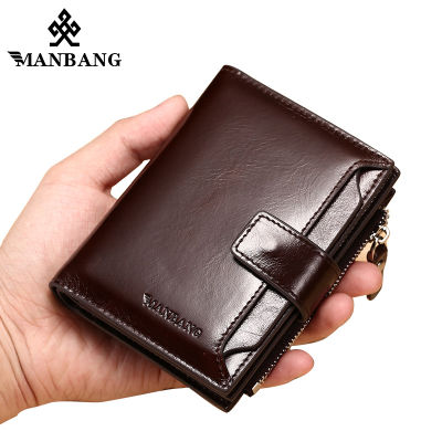 ManBang Genuine Leather Men Wallets Fashion Trifold Wallet Zip Coin Pocket Purse Cowhide Leather man wallet high quality
