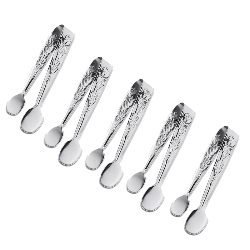 Silver 6 Pieces Rose Handle Sugar Tong Stainless Steel Mini Sugar Tong Cube Tongs Non-slip Appetizers Candy Serving Tongs for Coffee Tea Sugar Ice Cube Appetizer Kitchen Serving 