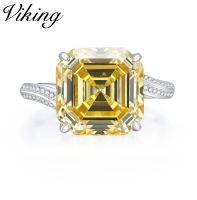 แหวน Asscher Cut เพชรสีเหลือง12*12สีเงิน925ใหม่ไวกิ้ง2023แฟชั่นอารมณ์เรียบง่ายแหวนเพชร