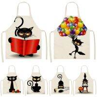 Black Cute Cat Pattern Kitchen Sleeveless Aprons Cotton Linen Bibs 53*65cm Household Women Cleaning Pinafore Home Cooking 46392