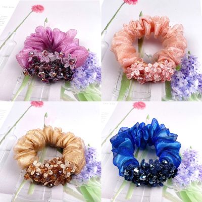 Korean version Organza hair circle exquisite head rope womens leather band tied horsetail crystal broken flower Hair Accessories